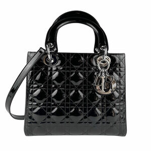 Christian Dior Lady 2way Shoulder Bag Patent Vernis leather black silver